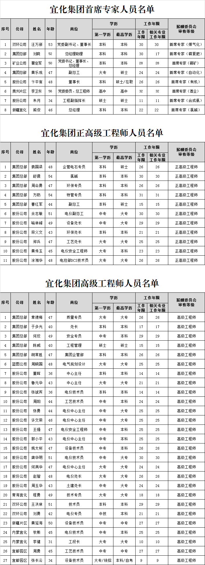 宜化集團首席專家、正高級工程師、高級工程師評審結果公示